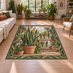Snake plant area rug with green yellow-edged leaves, terracotta pots and rooted glass jars in a plant-filled room.