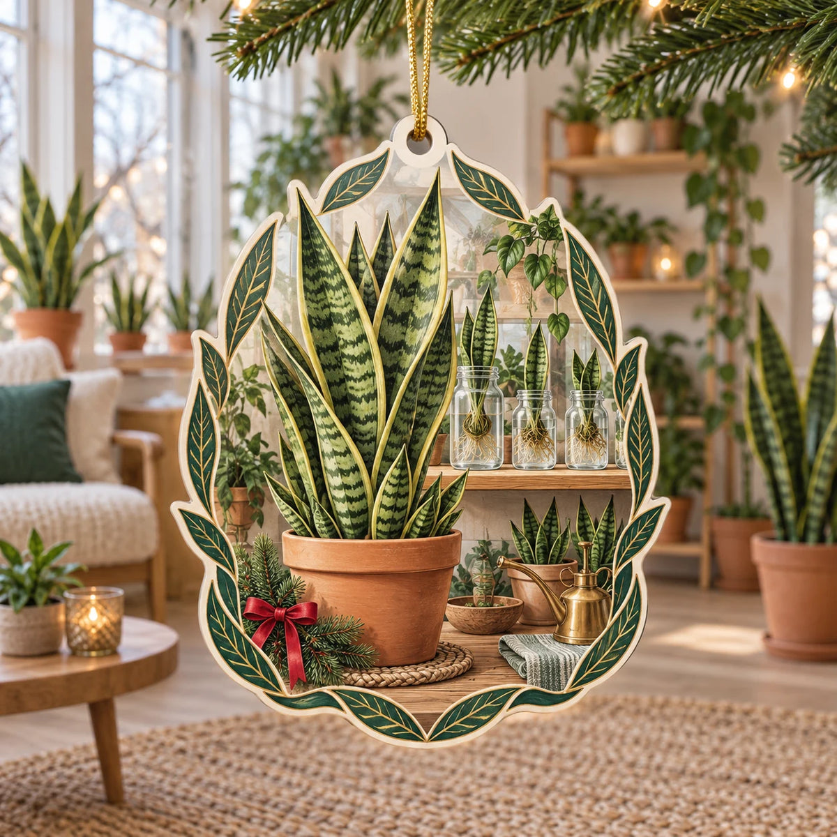 Snake plant christmas ornament with green yellow-edged leaves, terracotta pots and rooted glass jars in a plant-filled room.