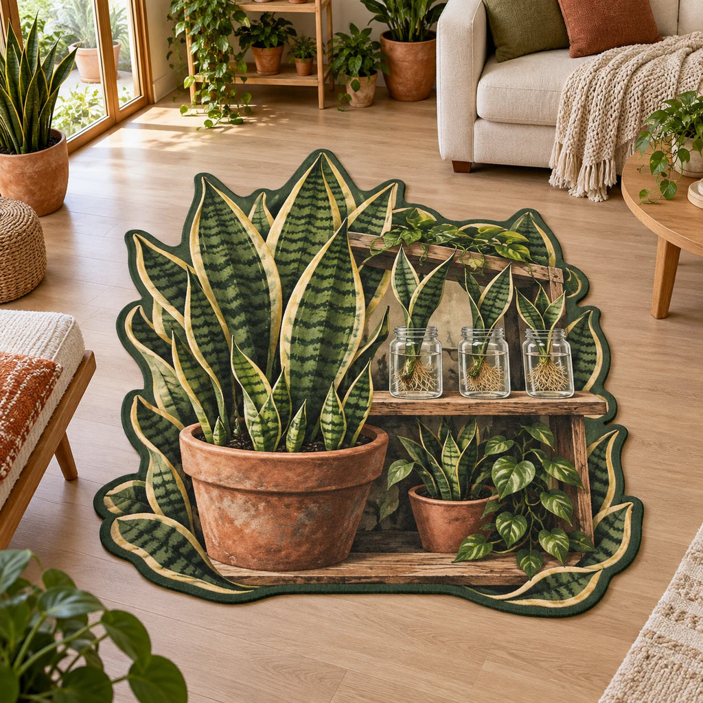 Snake plant custom shape area rug with green yellow-edged leaves, terracotta pots and rooted glass jars in a plant-filled room.
