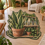 Snake plant custom shape area rug with green yellow-edged leaves, terracotta pots and rooted glass jars in a plant-filled room.