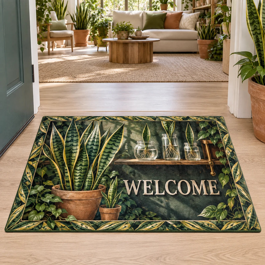 Snake plant doormat with green yellow-edged leaves, terracotta pots and rooted glass jars in a plant-filled room.