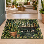 Snake plant doormat with green yellow-edged leaves, terracotta pots and rooted glass jars in a plant-filled room.