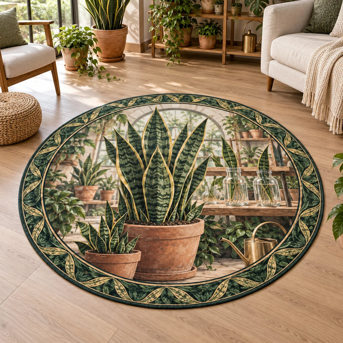 Snake plant round mat rug with green yellow-edged leaves, terracotta pots and rooted glass jars in a plant-filled room.