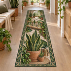Snake plant runner rug with green yellow-edged leaves, terracotta pots and rooted glass jars in a plant-filled room.