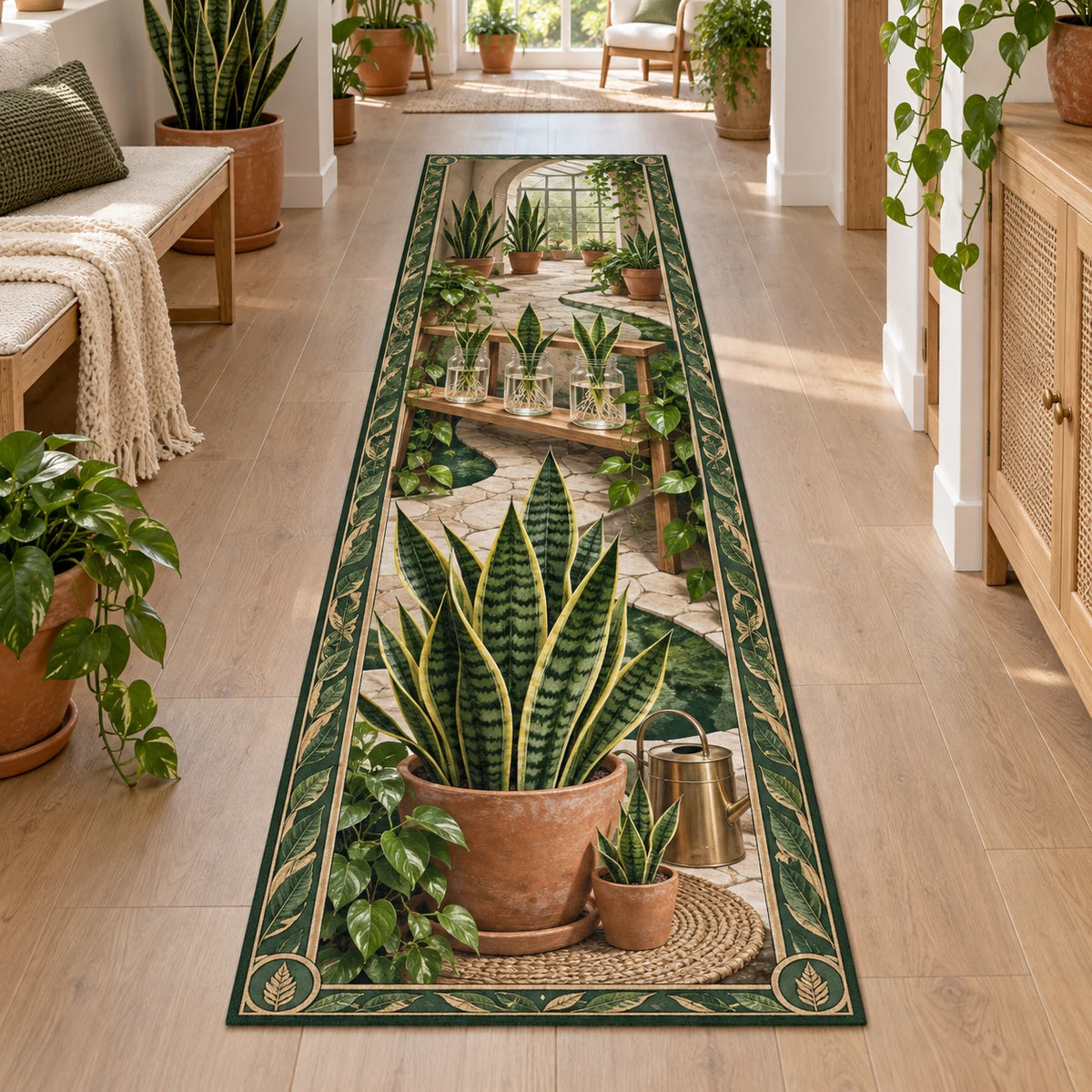 Snake plant runner rug with green yellow-edged leaves, terracotta pots and rooted glass jars in a plant-filled room.