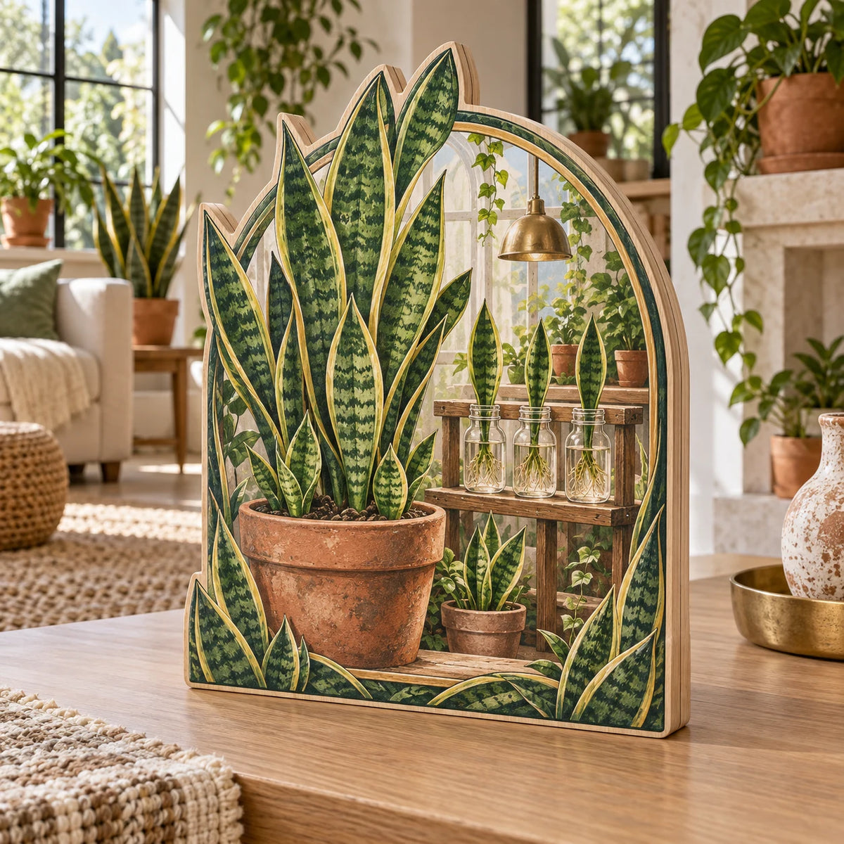 Snake plant wooden block 3 layer with green yellow-edged leaves, terracotta pots and rooted glass jars in a plant-filled room.