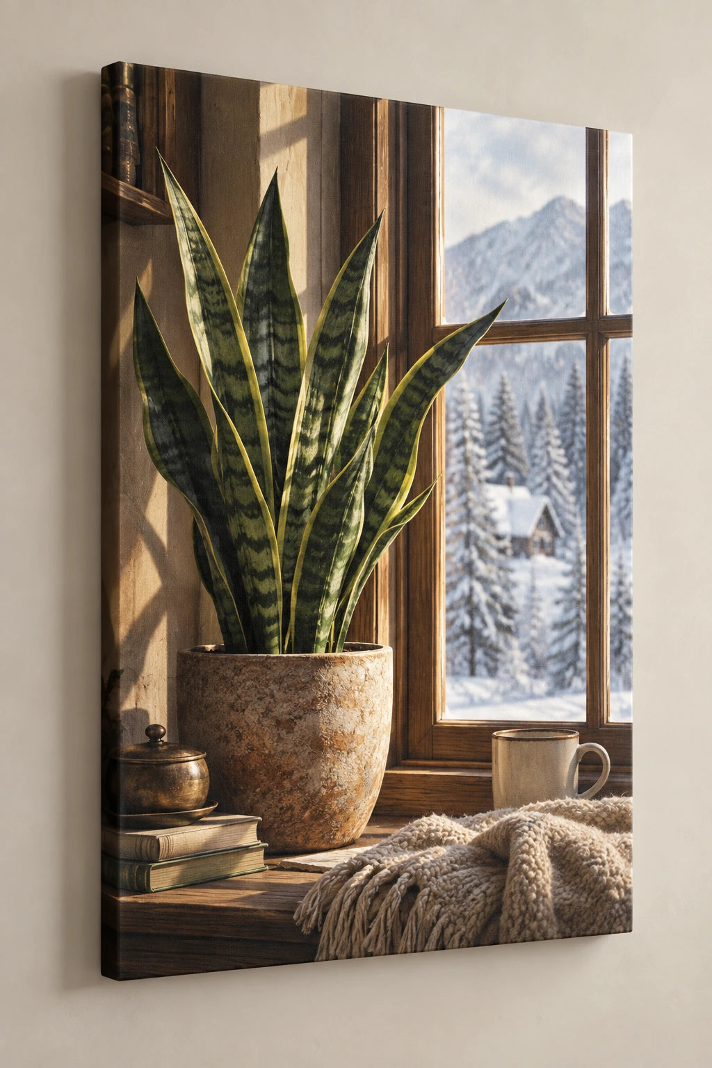 Snake Plant Winter Conservatory Canvas Wall Art with printed dimensional artwork