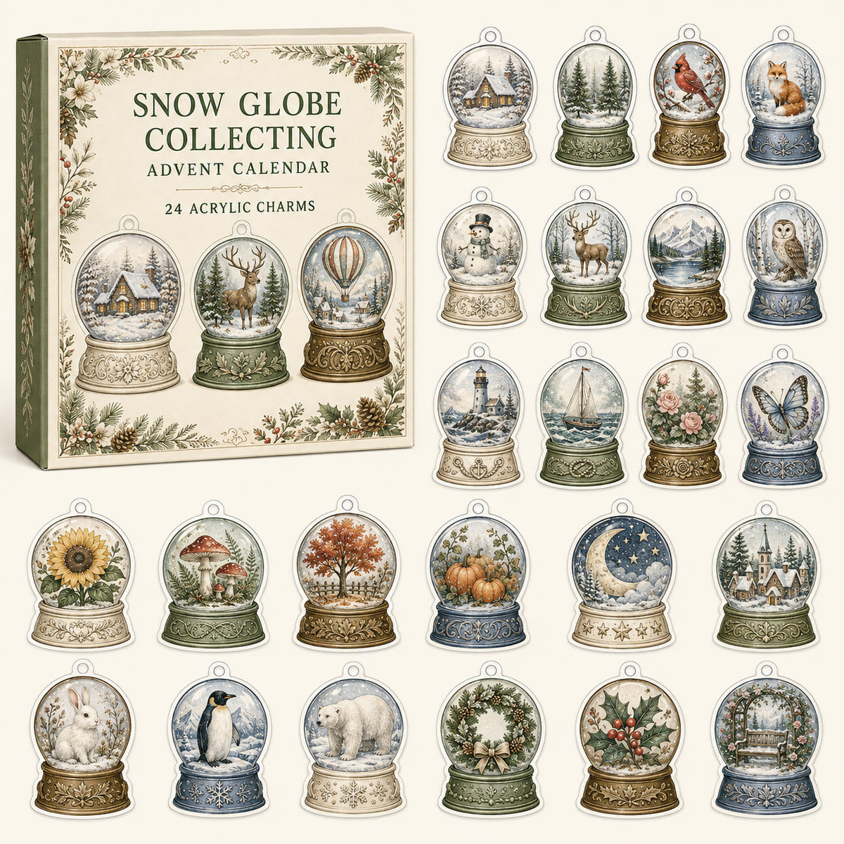 Snow Globe Collecting advent calendar with24 printed acrylic collectible charms