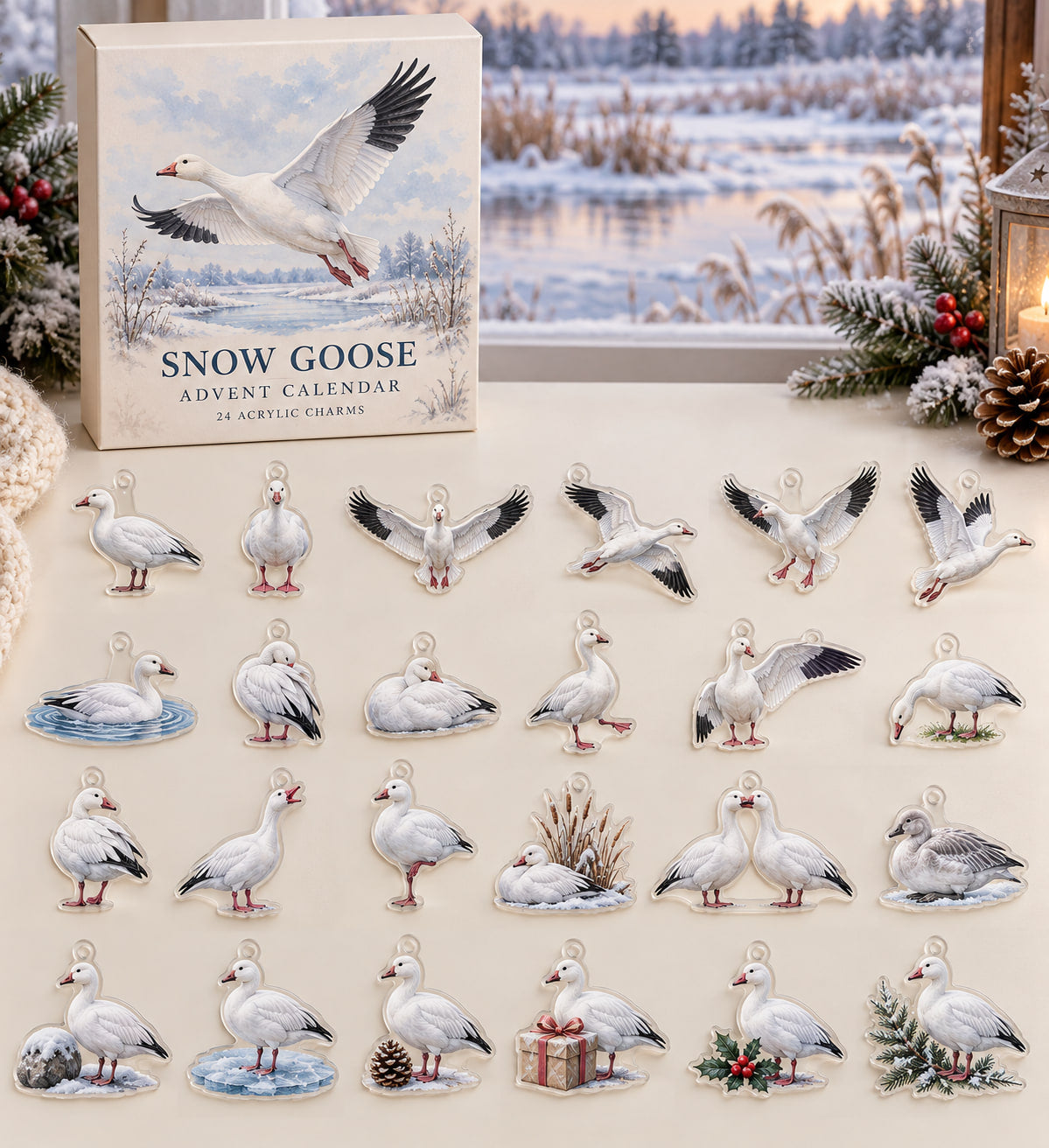 Snow Goose advent calendar with 24 custom-shaped flat acrylic charms and printed dimensional artwork