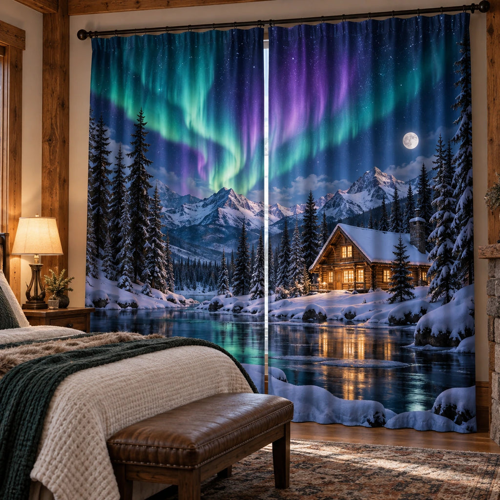 Snow Lodge Northern Lights Window Curtains with printed dimensional artwork