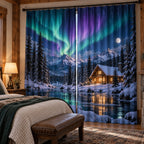 Snow Lodge Northern Lights Window Curtains with printed dimensional artwork