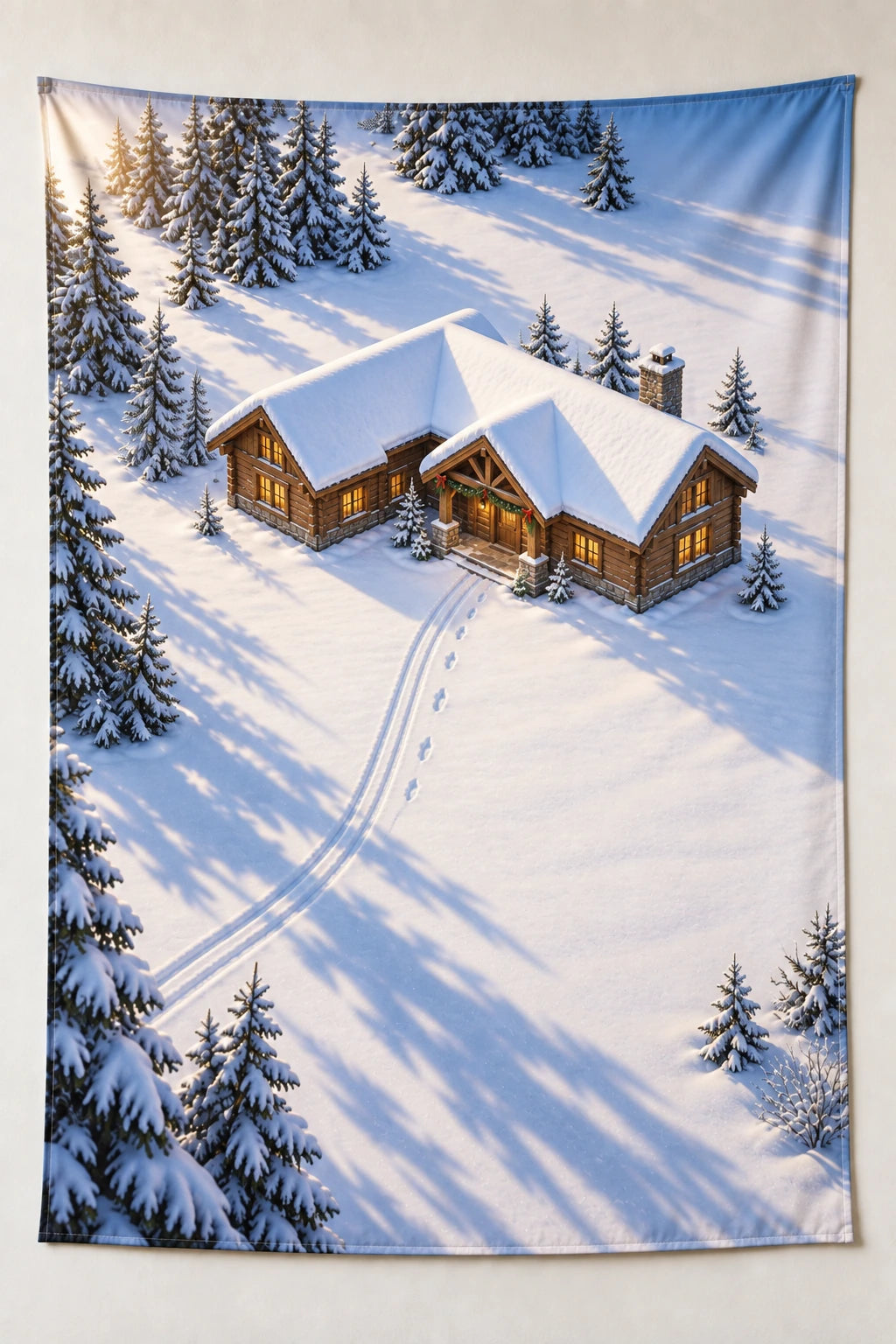 Snow Lodge Fresh Tracks Wall Tapestry with printed roof overhangs and blue snow-shadow depth