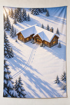 Snow Lodge Fresh Tracks Wall Tapestry with printed roof overhangs and blue snow-shadow depth