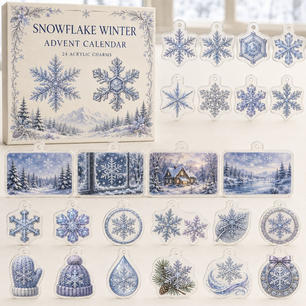 Snowflakes advent calendar box with 24 printed acrylic nature charms