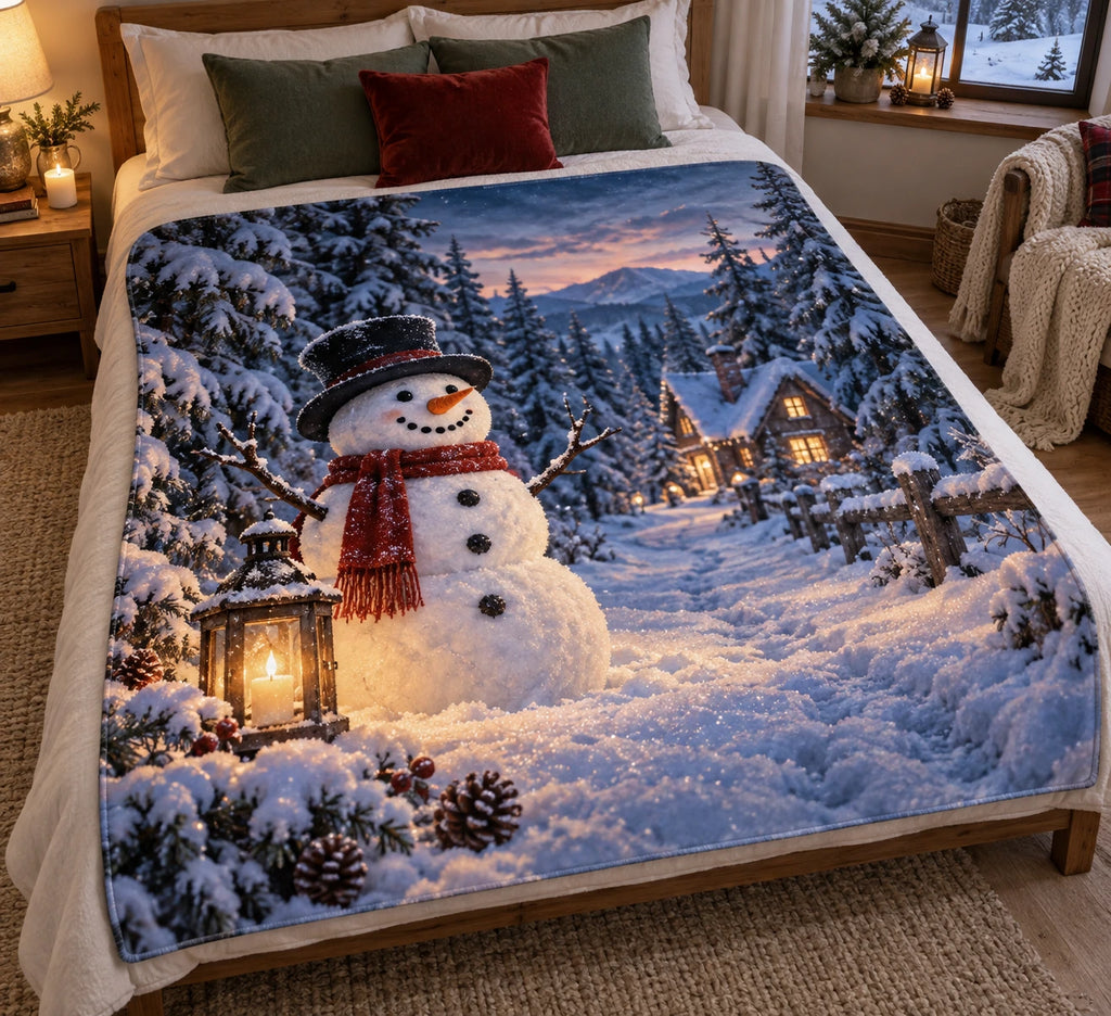 Snowman and lantern path printed on a flat fleece throw blanket.