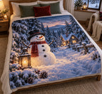 Snowman and lantern path printed on a flat fleece throw blanket.