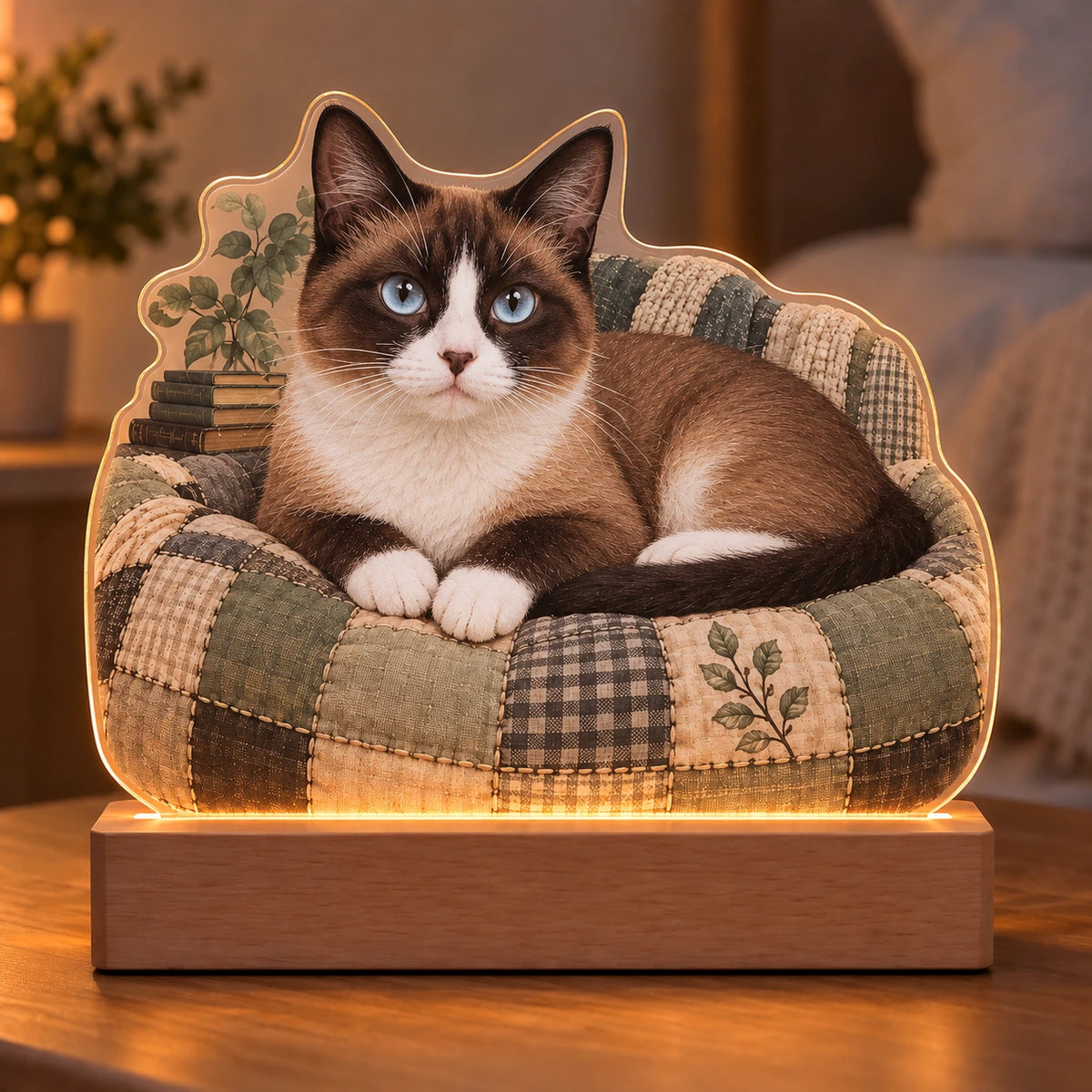 Snowshoe Cat Quilted Cushion Acrylic Night Light with printed dimensional artwork