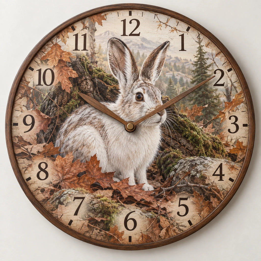 Snowshoe Hare Autumn Canopy Wooden Wall Clock with printed dimensional artwork