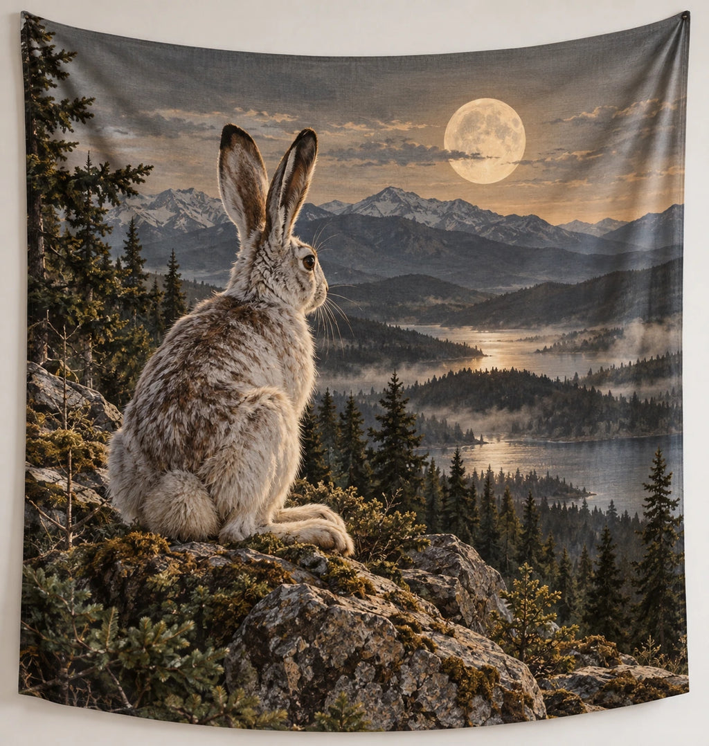 Snowshoe Hare Moonlit Ridge Wall Tapestry with printed dimensional artwork