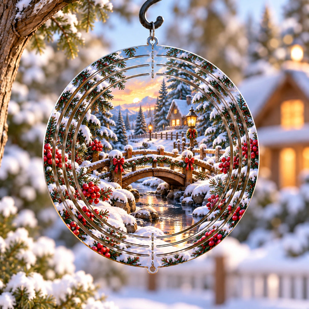 Snowy Bridge Cranberry Wreath Wind Spinner with printed dimensional holiday artwork