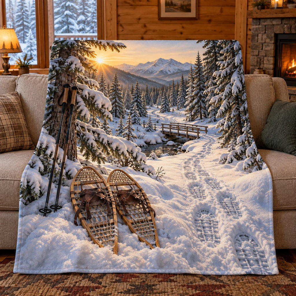 Snowshoes and poles beside a deep snowy forest trail printed on fleece.