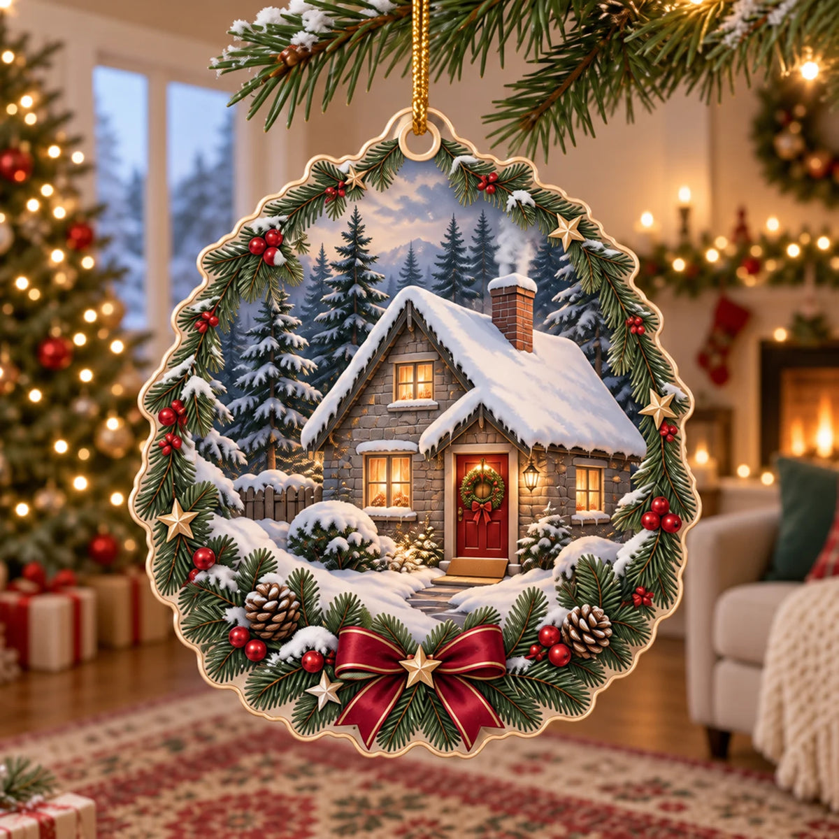 Snowy Cottage Christmas Ornament with dimensional printed artwork in a coordinated indoor setting