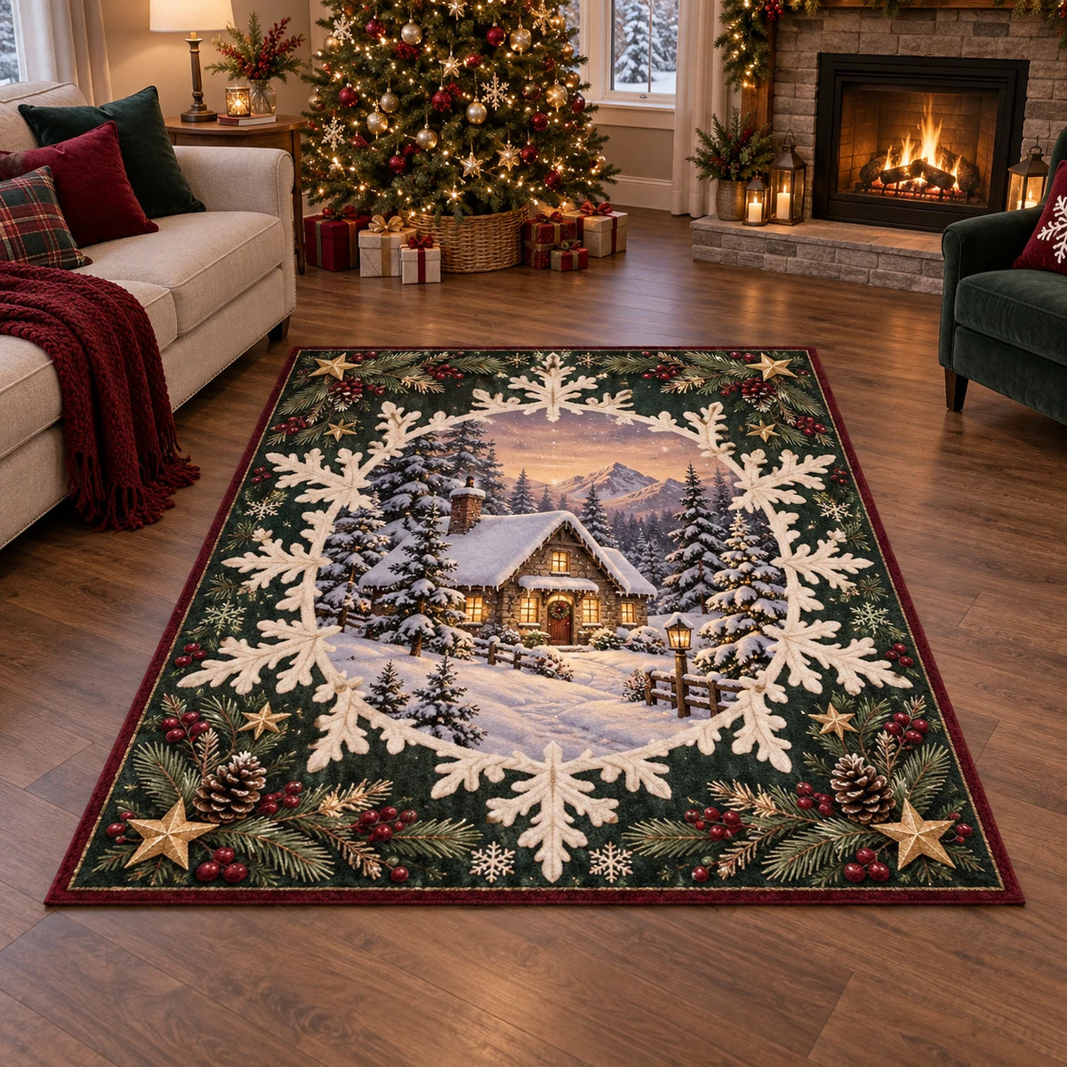 Area Rug with a snowy cottage, ivory snowflake frame, evergreen sprigs, berries and gold stars in printed 3D detail.