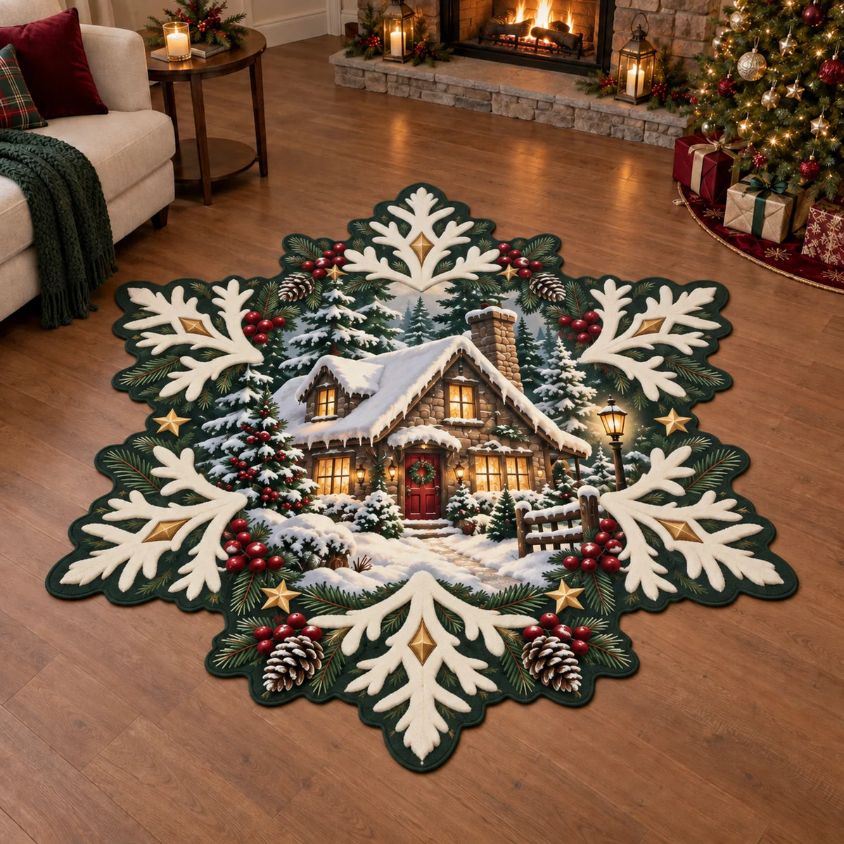 Custom Shape Area Rug with a snowy cottage, ivory snowflake frame, evergreen sprigs, berries and gold stars in printed 3D detail.
