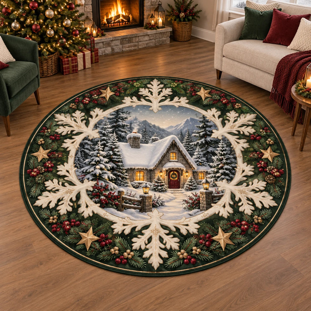 Round Mat Rug with a snowy cottage, ivory snowflake frame, evergreen sprigs, berries and gold stars in printed 3D detail.