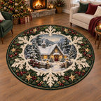 Round Mat Rug with a snowy cottage, ivory snowflake frame, evergreen sprigs, berries and gold stars in printed 3D detail.