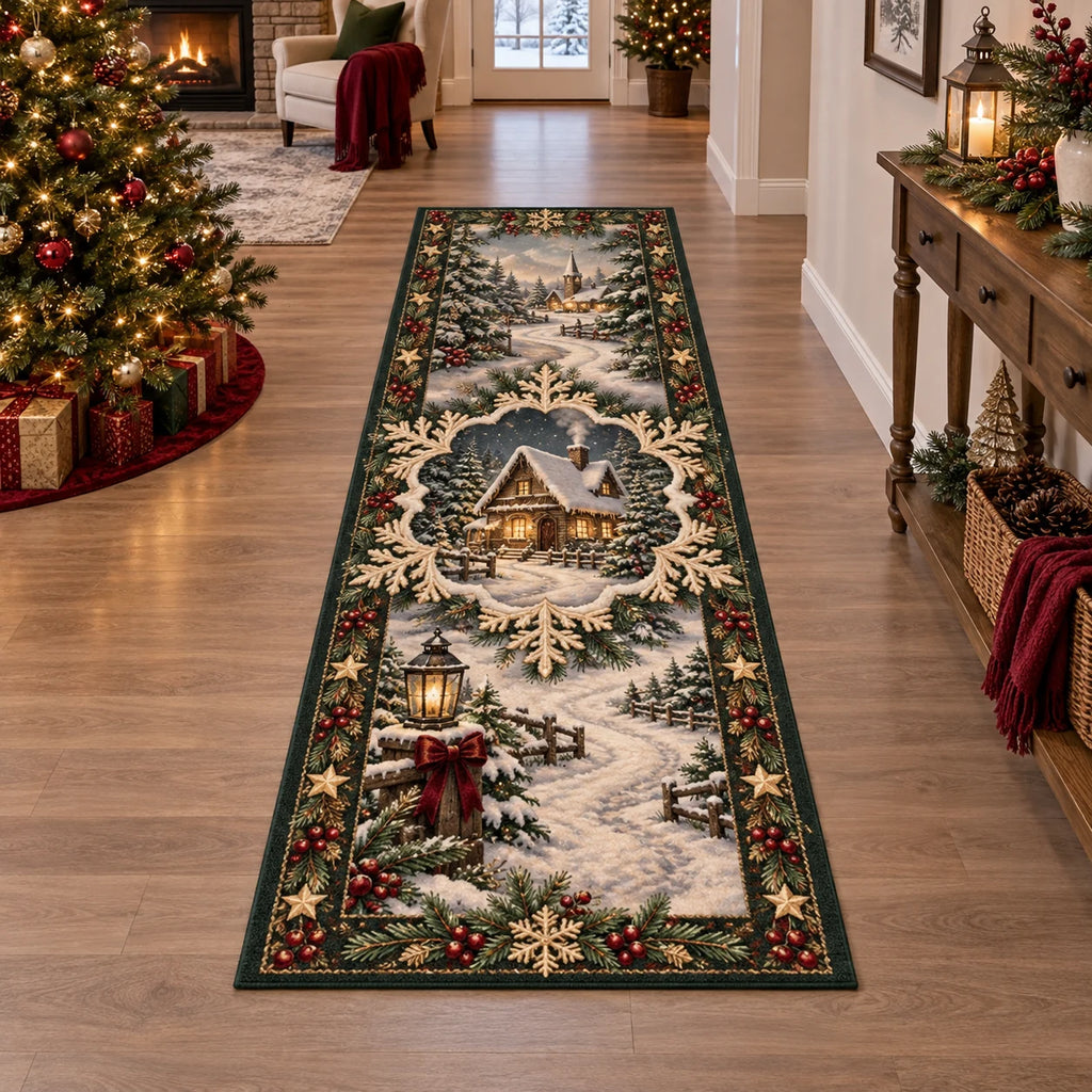 Runner Rug with a snowy cottage, ivory snowflake frame, evergreen sprigs, berries and gold stars in printed 3D detail.