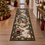 Runner Rug with a snowy cottage, ivory snowflake frame, evergreen sprigs, berries and gold stars in printed 3D detail.