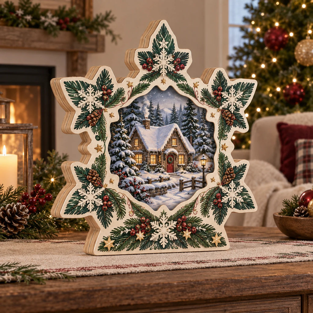 Three-layer wooden block showing a snowy cottage inside an ivory snowflake frame with evergreen sprigs and berries.