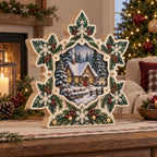 Three-layer wooden block showing a snowy cottage inside an ivory snowflake frame with evergreen sprigs and berries.
