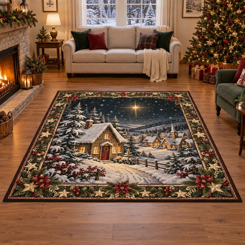 Snowy Cottage Starlit Village Area Rug featuring a snow-roof cottage and starlit village with a festive fir-and-berry border