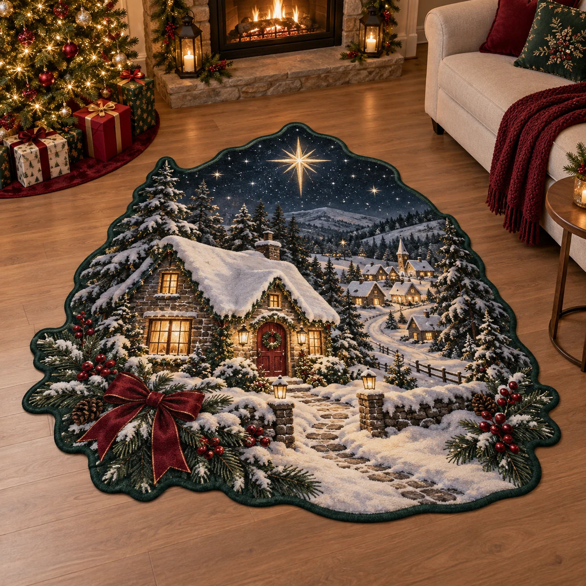 Snowy Cottage Starlit Village Custom Shape Area Rug featuring a snow-roof cottage and starlit village in a coordinated holiday setting