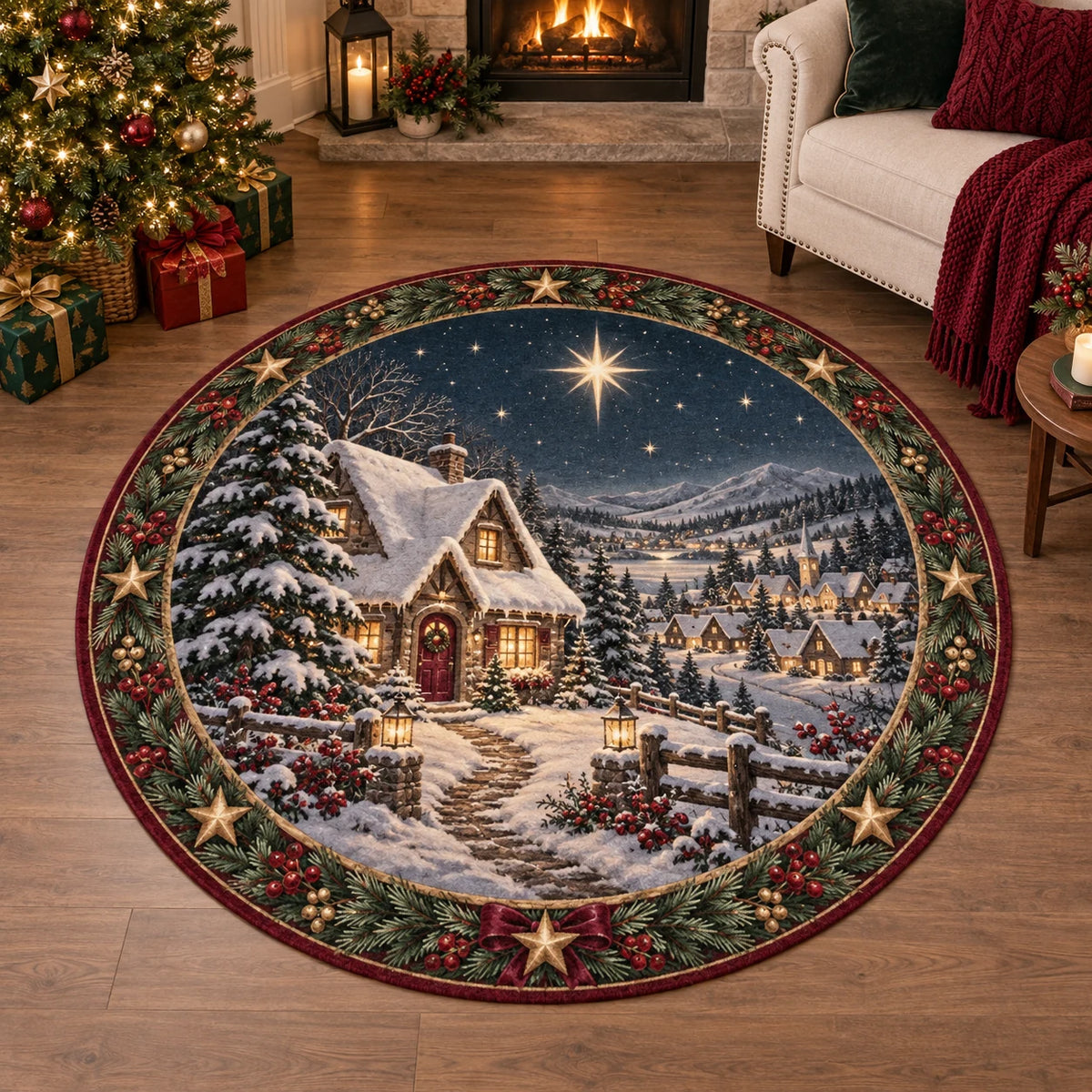 Snowy Cottage Starlit Village Round Mat Rug featuring a snow-roof cottage and starlit village with a festive fir-and-berry border