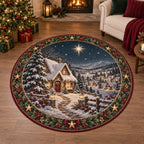 Snowy Cottage Starlit Village Round Mat Rug featuring a snow-roof cottage and starlit village with a festive fir-and-berry border