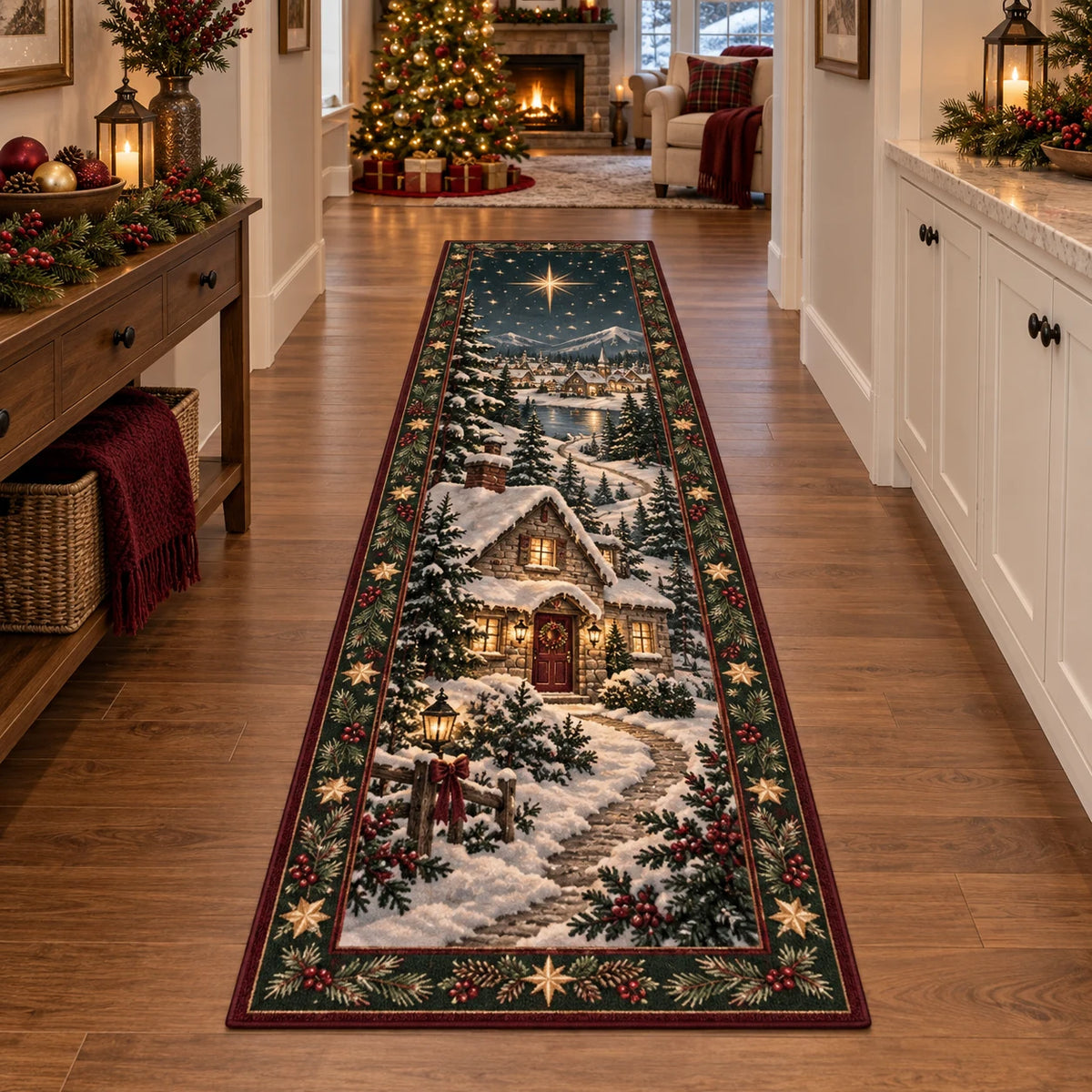 Snowy Cottage Starlit Village Runner Rug featuring a snow-roof cottage and starlit village with a festive fir-and-berry border