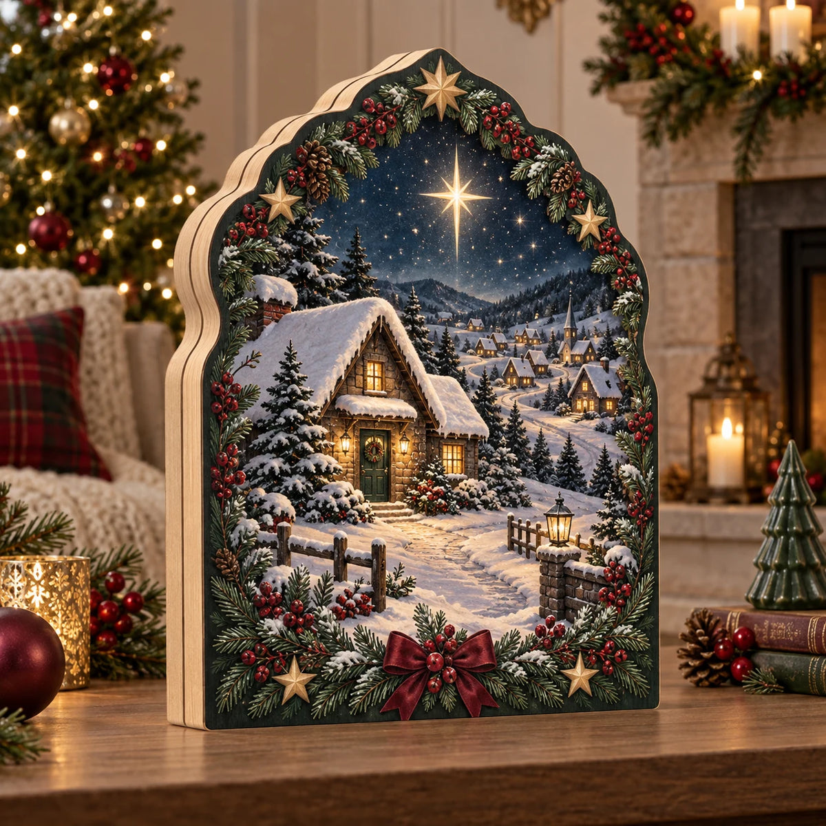 Snowy Cottage Starlit Village Wooden Block 3 Layer featuring a snow-roof cottage and starlit village in a coordinated holiday setting