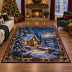 Snowy Cottage Window Glow Area Rug with printed 3D depth in a coordinated holiday interior.
