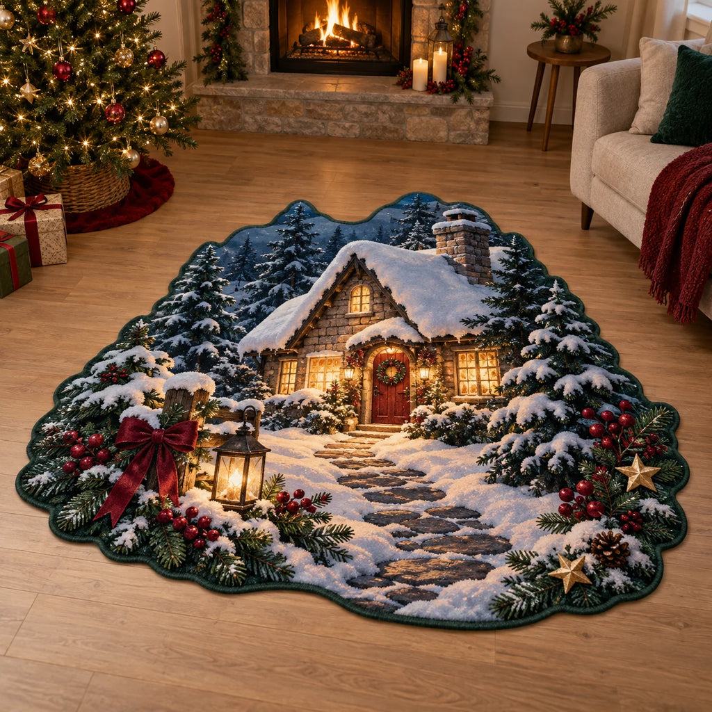 Snowy Cottage Window Glow Custom Shape Area Rug with printed 3D depth in a coordinated holiday interior.