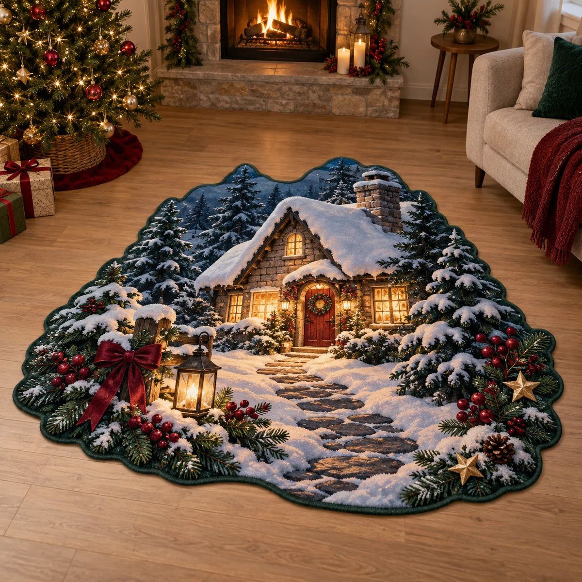 Snowy Cottage Window Glow Custom Shape Area Rug with printed 3D depth in a coordinated holiday interior.