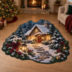 Snowy Cottage Window Glow Custom Shape Area Rug with printed 3D depth in a coordinated holiday interior.