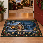 Snowy Cottage Window Glow Doormat with printed 3D depth in a coordinated holiday interior.