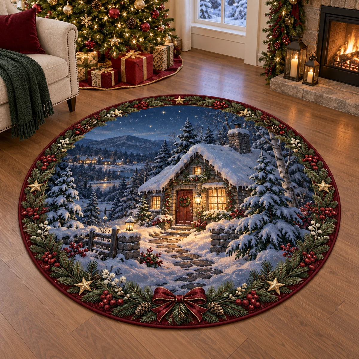 Snowy Cottage Window Glow Round Mat Rug with printed 3D depth in a coordinated holiday interior.