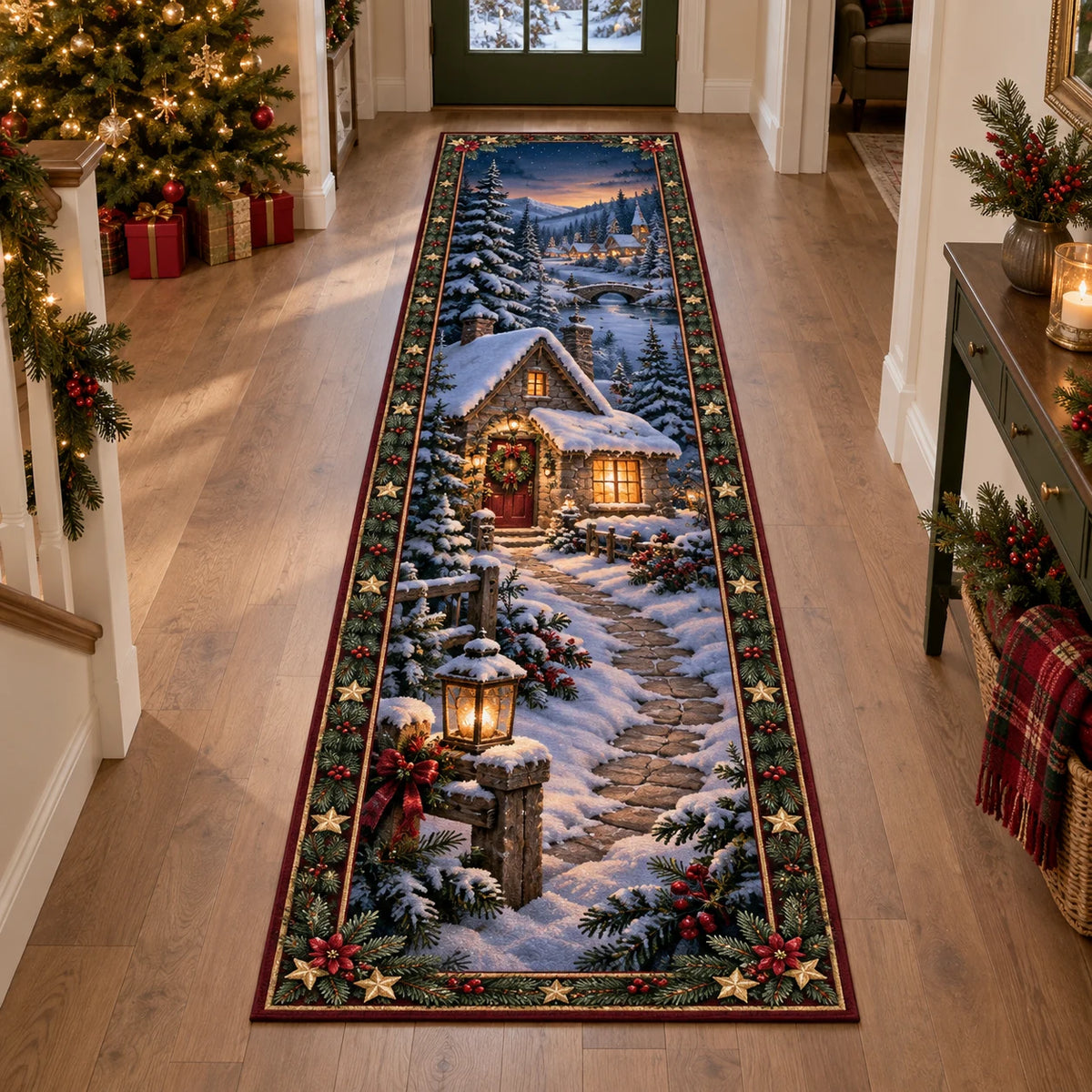 Snowy Cottage Window Glow Runner Rug with printed 3D depth in a coordinated holiday interior.