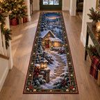 Snowy Cottage Window Glow Runner Rug with printed 3D depth in a coordinated holiday interior.