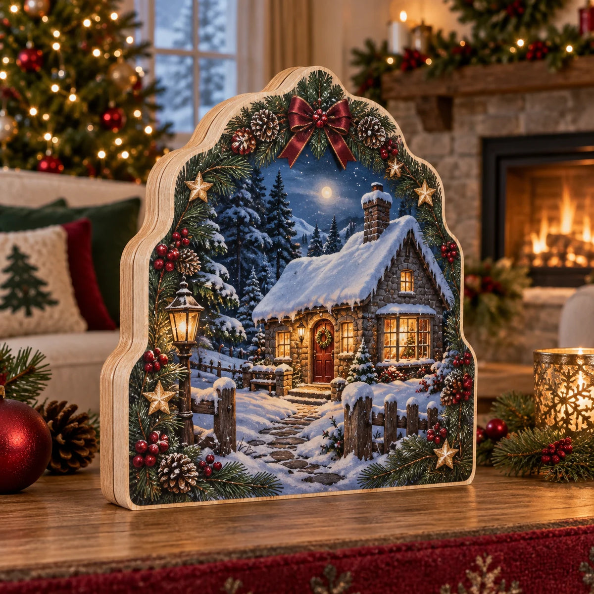 Snowy Cottage Window Glow Wooden Block 3 Layer with printed 3D depth in a coordinated holiday interior.