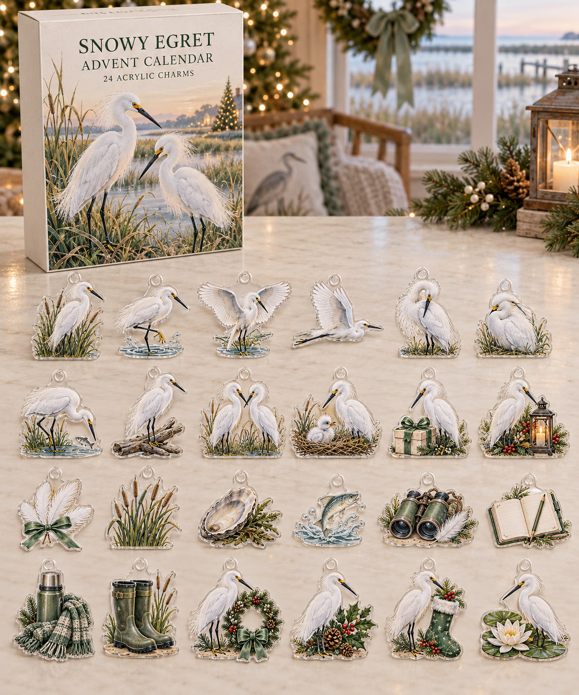 Snowy Egret advent calendar with 24 custom-shaped flat acrylic charms and printed dimensional artwork